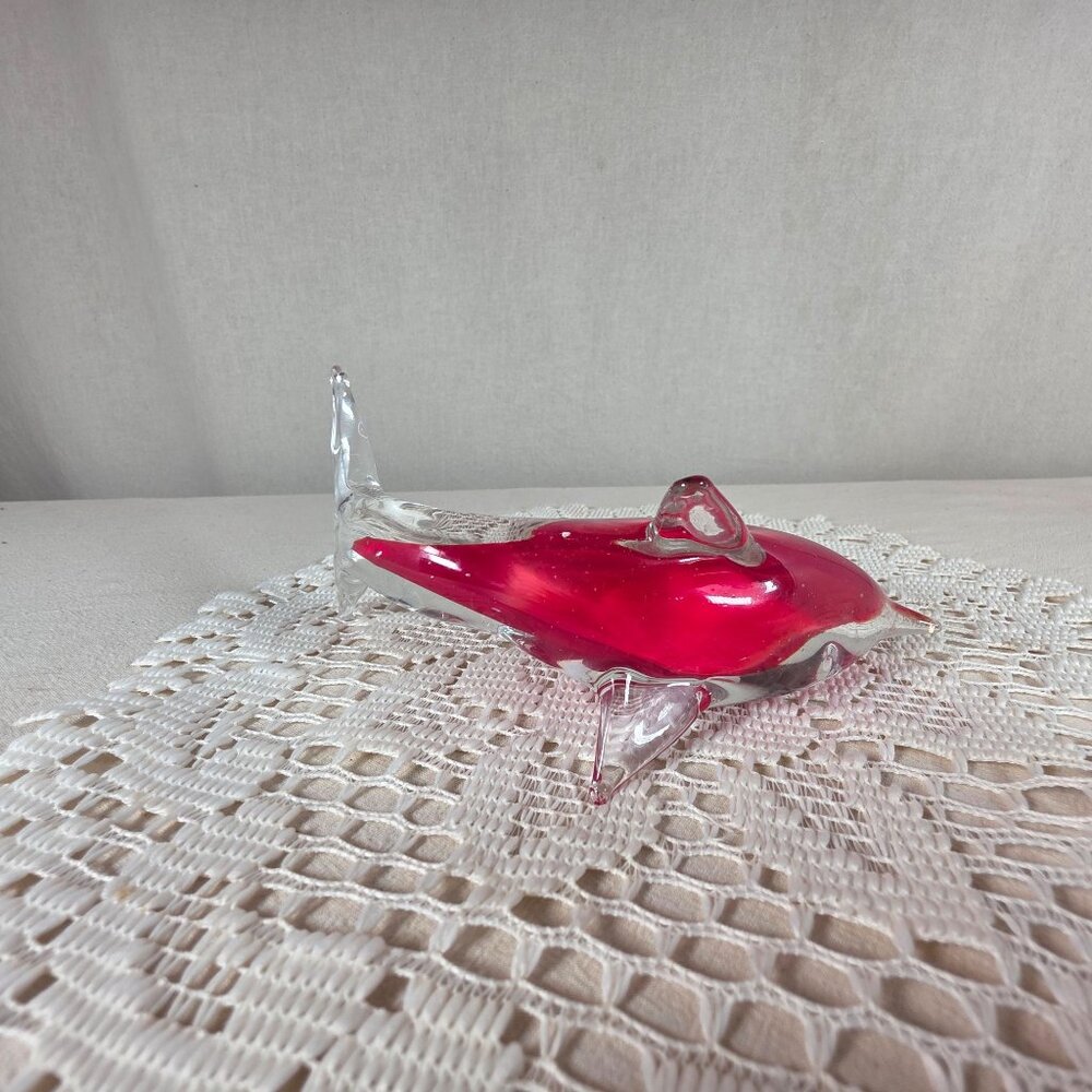 Handcrafted Clear & Red Glass Dolphin Figurine - Picture 4 of 5